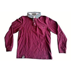 GHYUGR Men‎ Med Maroon Long Sleeve Polo Golf Shirt Gingham Collar Preppy Teacher